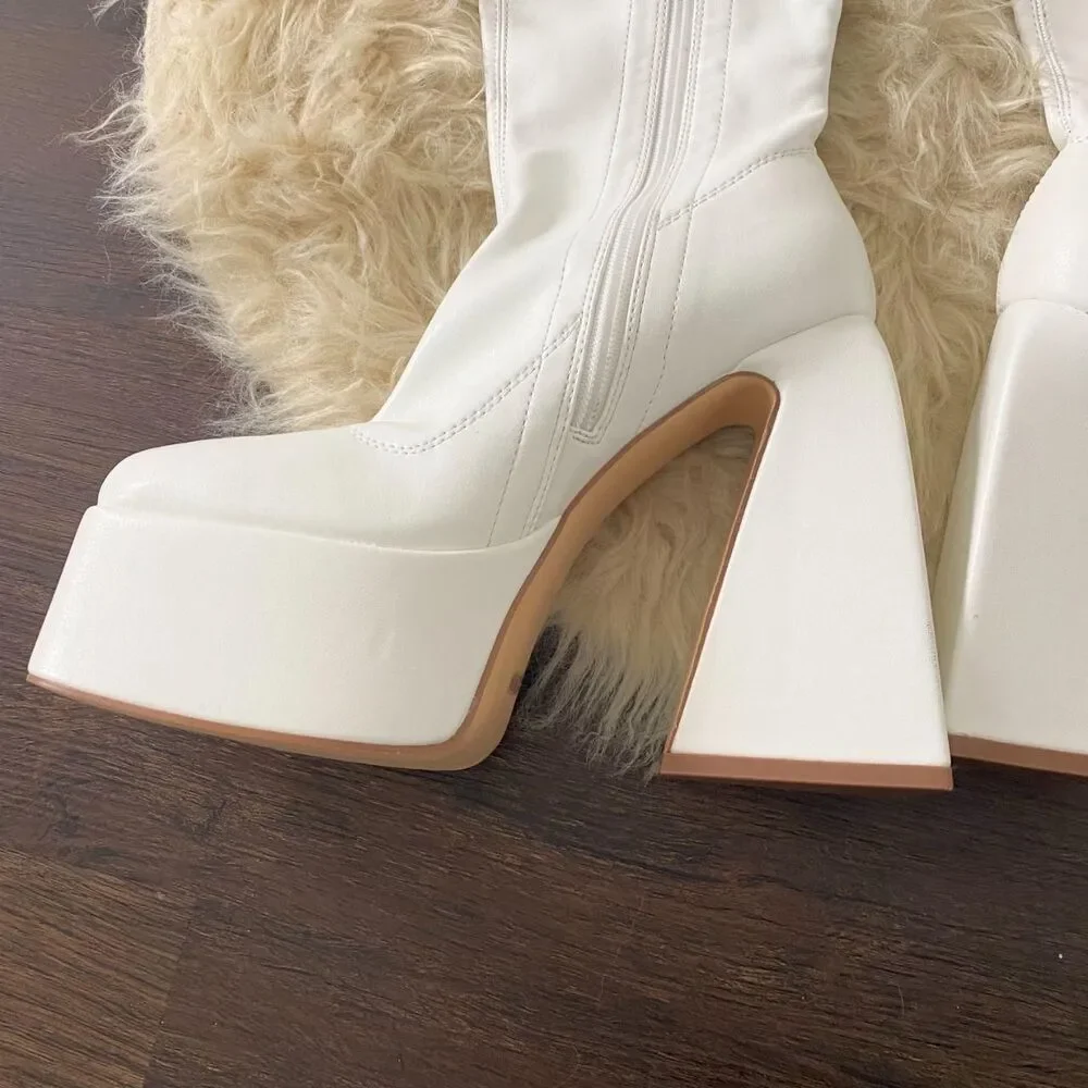Chunky White Faux Leather Platform Knee High Heel Triangle Heels Boots US 7